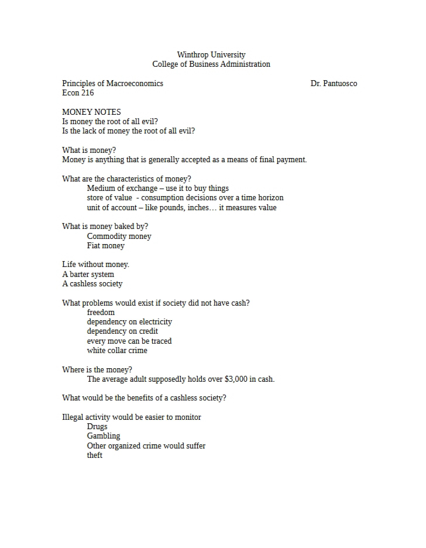 Notes on Money