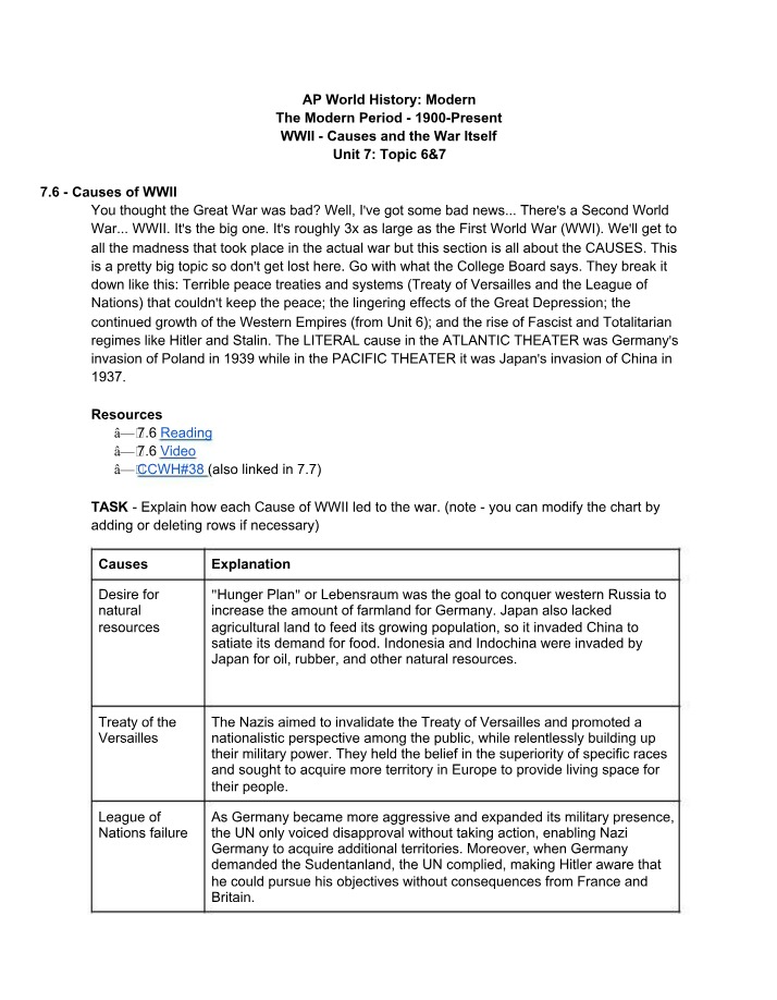 WWII Causes and Impact - From Treaty of Versailles