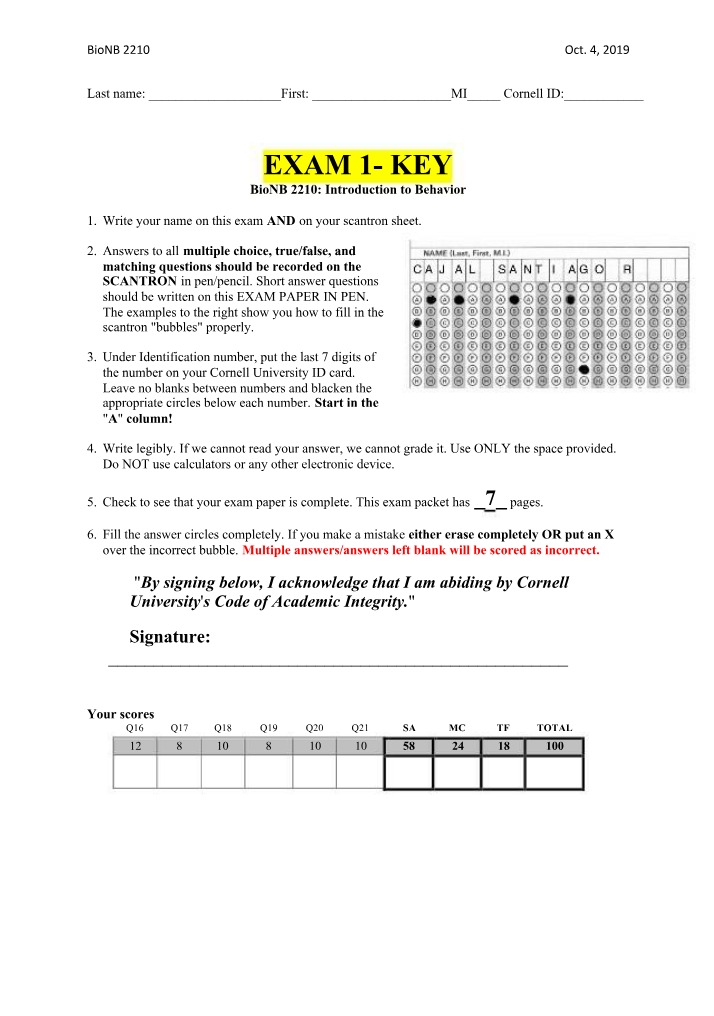 Exam 1 Multiple Choice Questions and Key - Introduction to Behavior