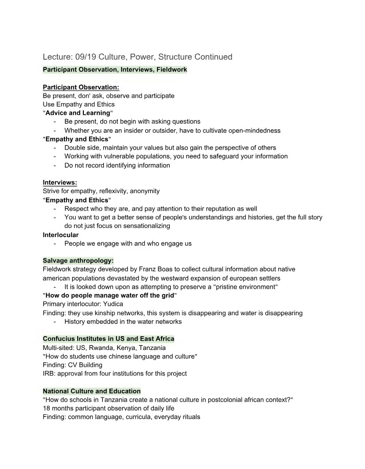 Culture, Power, and Structure - Participant Observation and Lecture Notes
