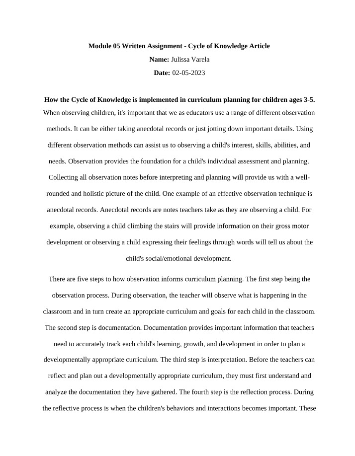 How Observation and Reflection Inform Curriculum Planning