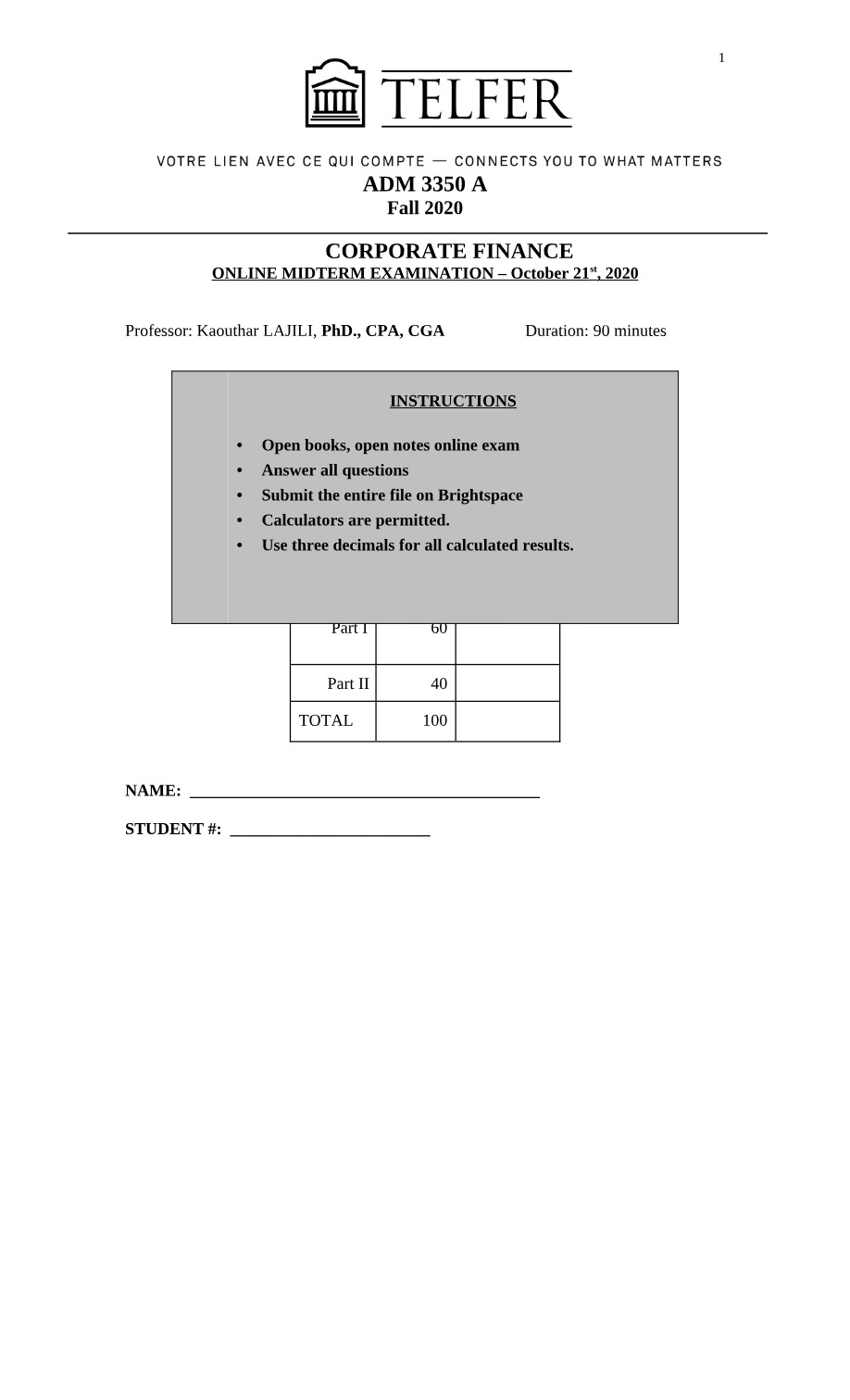 Online Midterm Examination - Corporate Finance