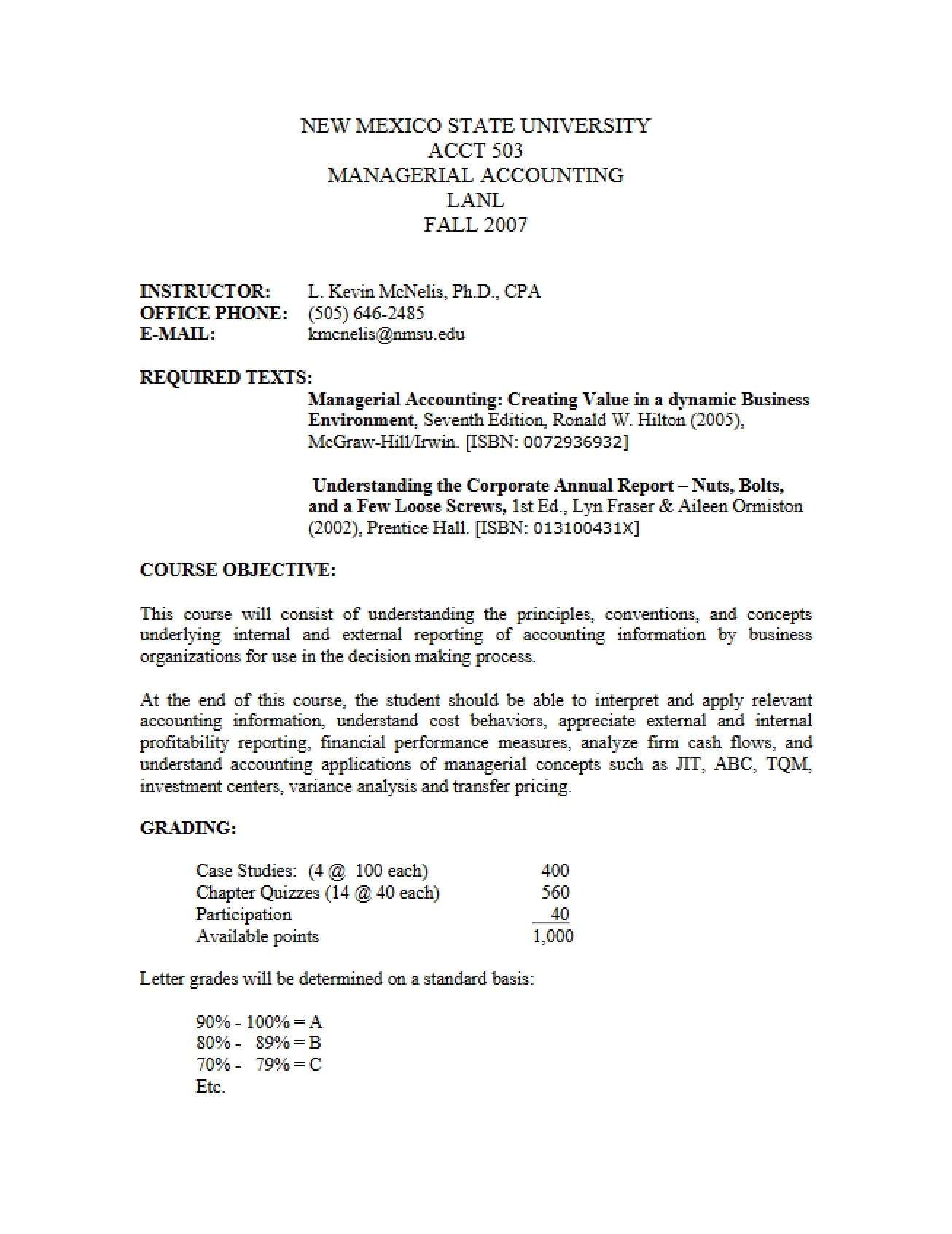 Syllabus for the Accounting for Managers Course