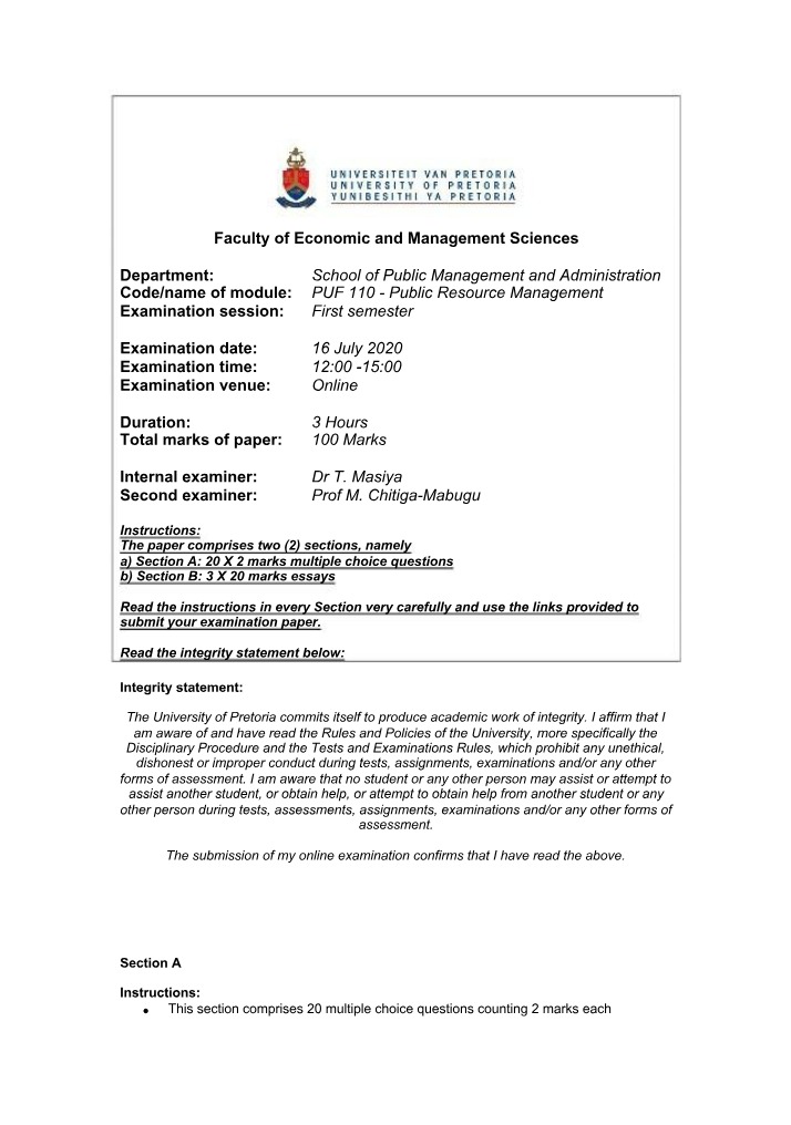 Exam Instructions, Format, and Topics for Public Resource Management