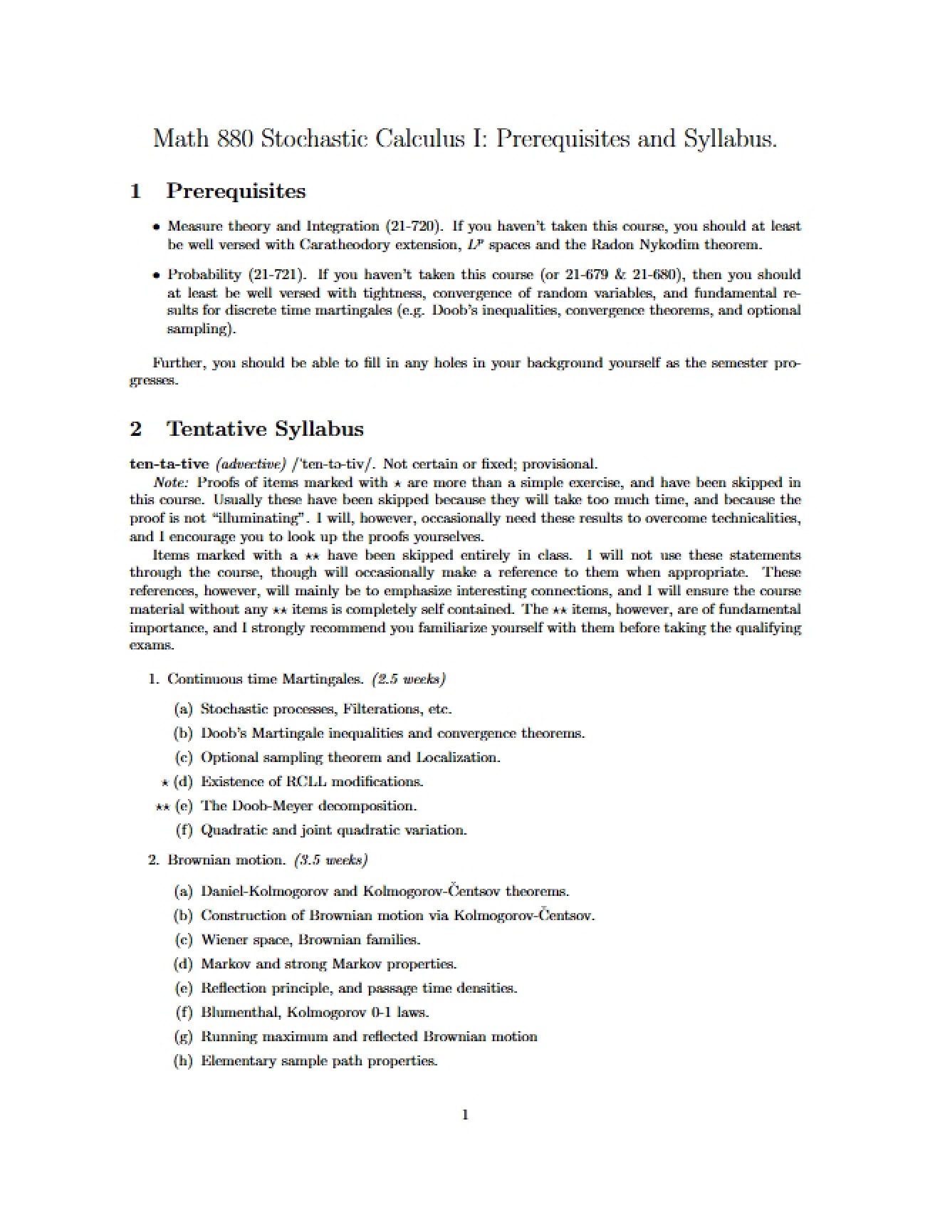 Stochastic Calculus Syllabus