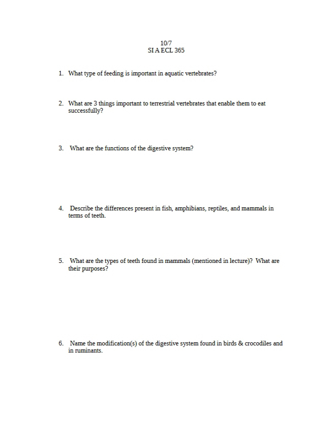 Sample Test for a Vertebrate Biology Exam