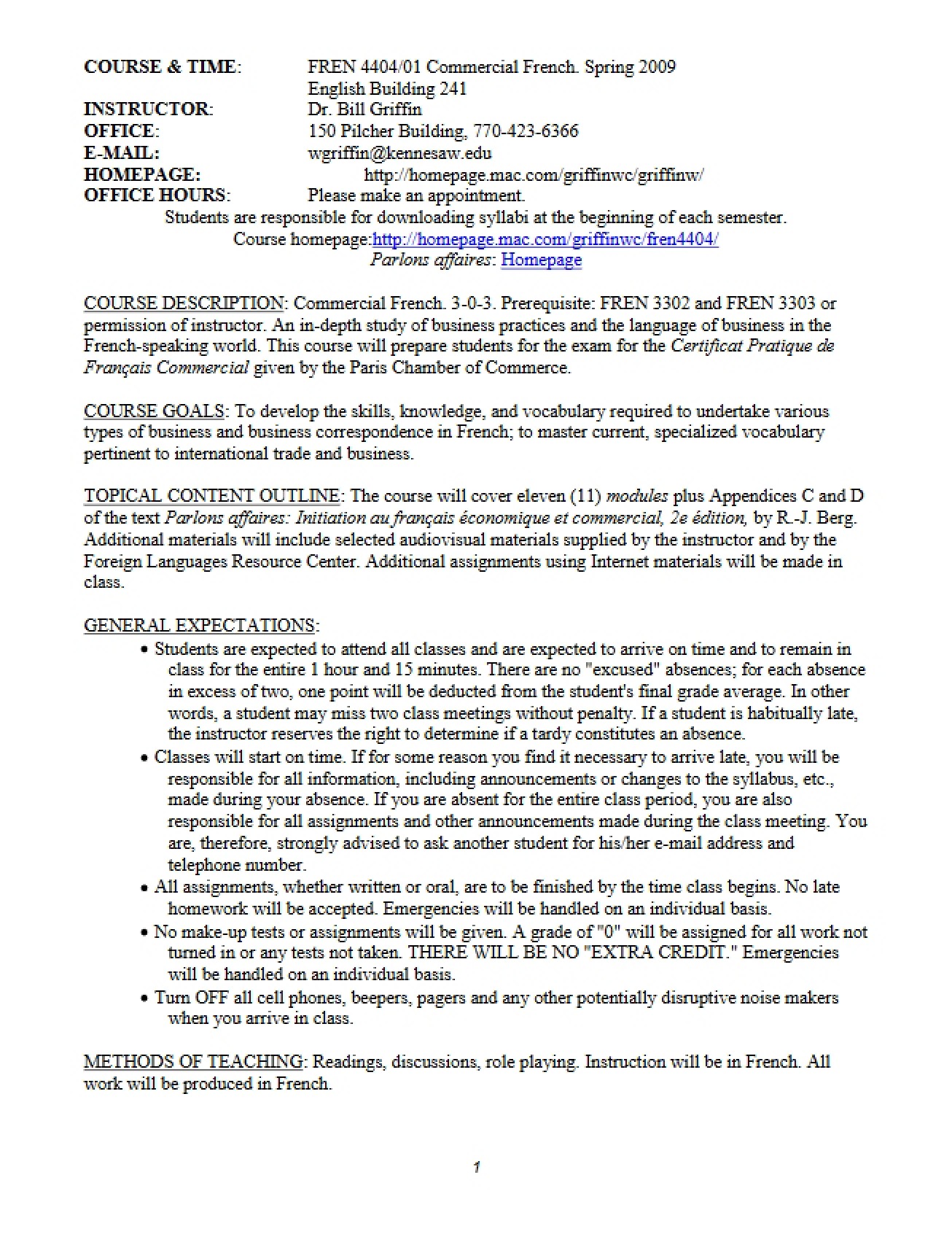 Course Outline for Commercial French - Commercial French