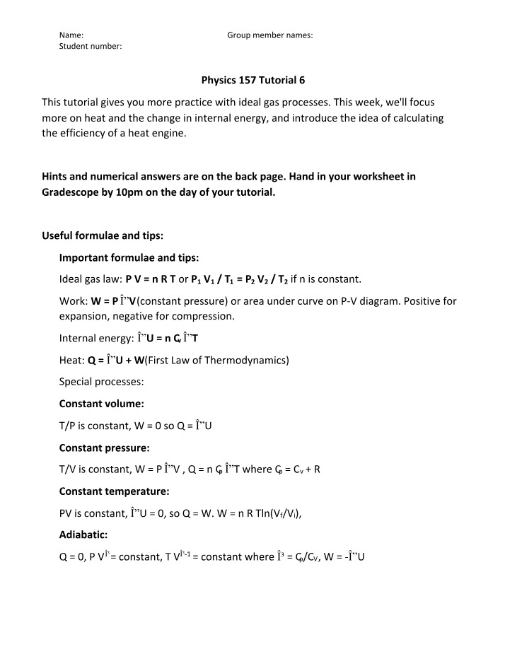 Heat, Internal Energy, and Ideal Gas Processes