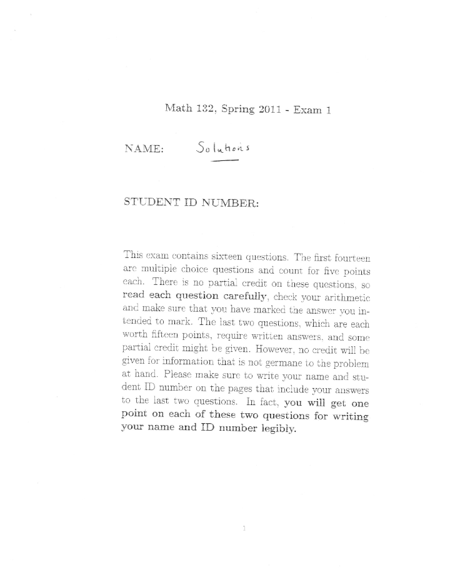 Math 132 Exam 1 Key - Spring 2011