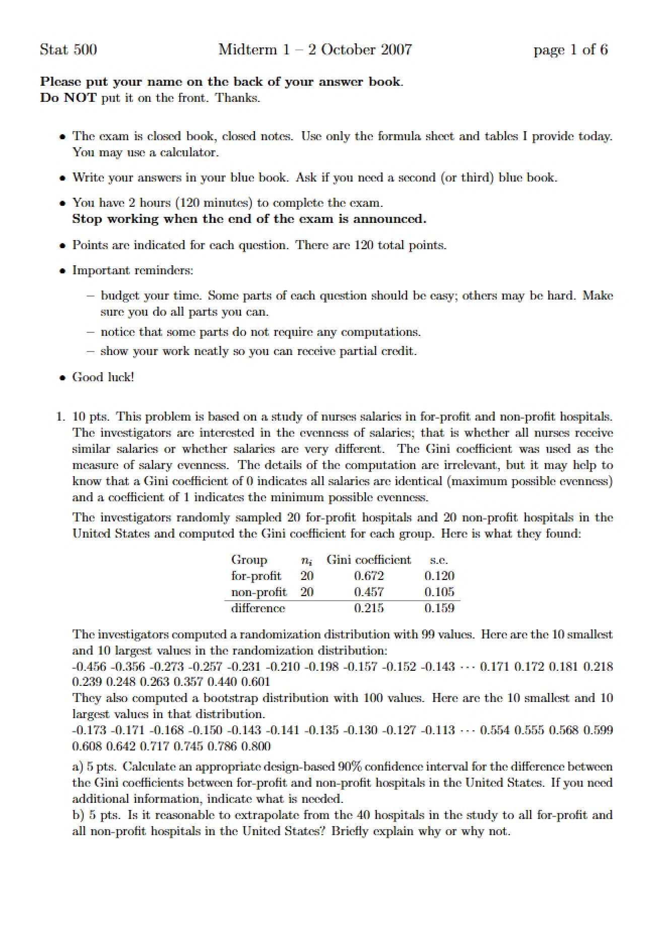 Examination for Statistical Methods I