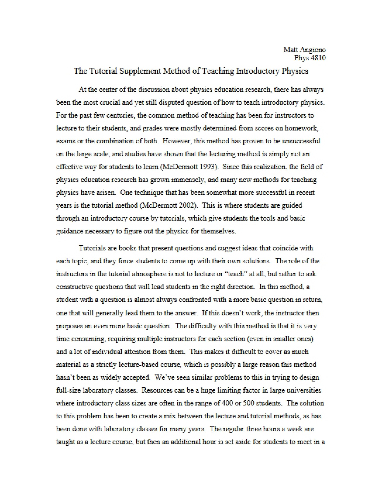 Tutorial Supplement Method for Introductory Physics