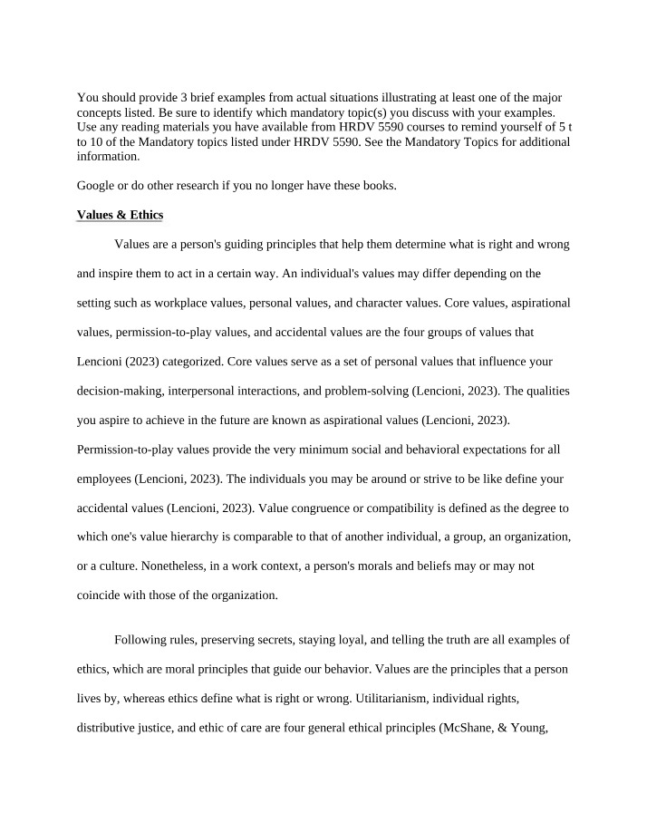 Workplace Values and Ethics - Concepts and Examples