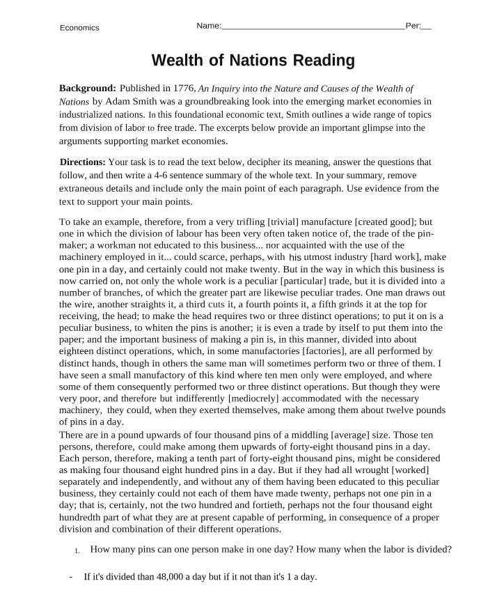 Reading and Summary of Wealth of Nations