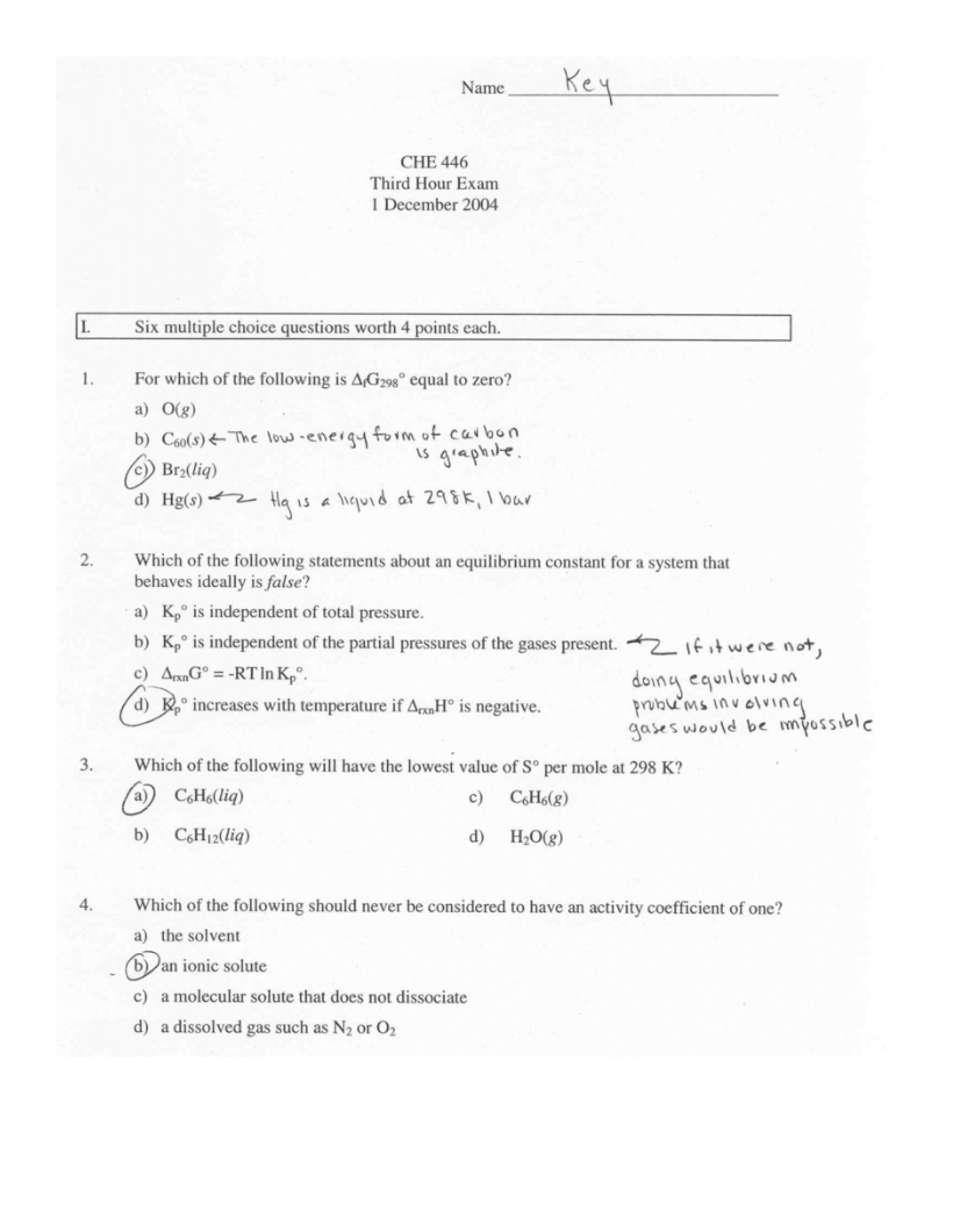 Third Hour Examination Key