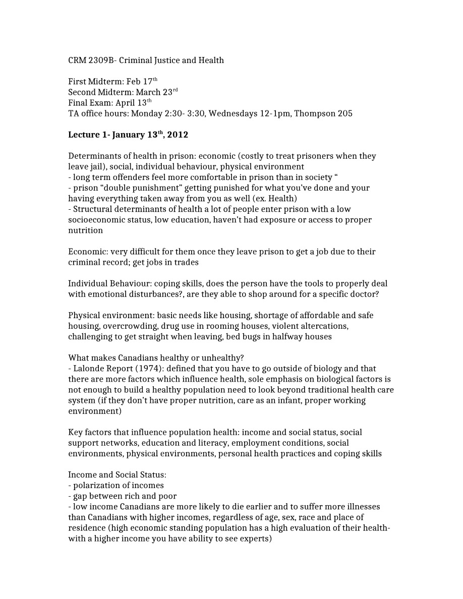 Criminal Justice and Health - CRM 2309B Lecture Notes