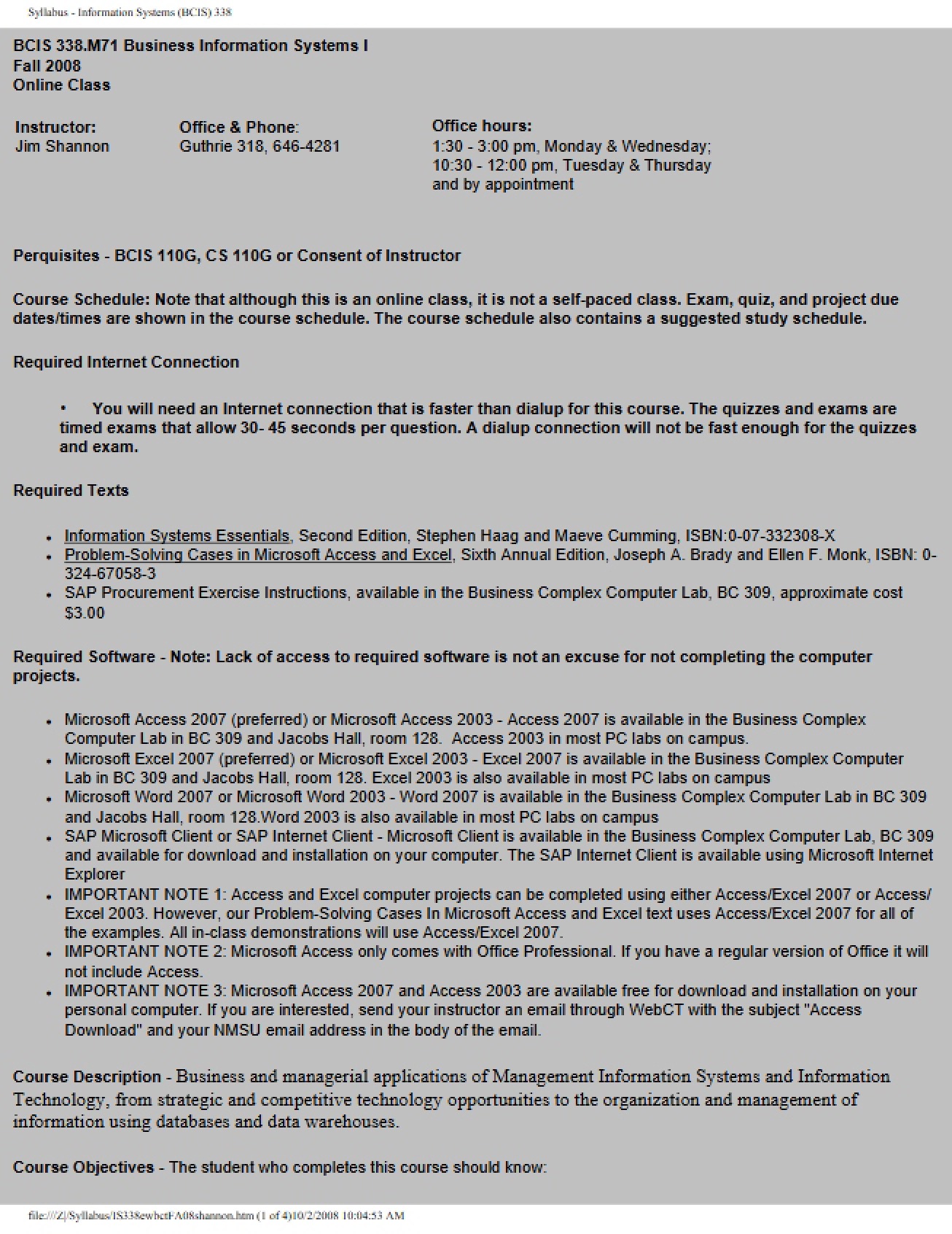Business Information Systems I Syllabus from Fall 2008 by Dr. Jim Shannon