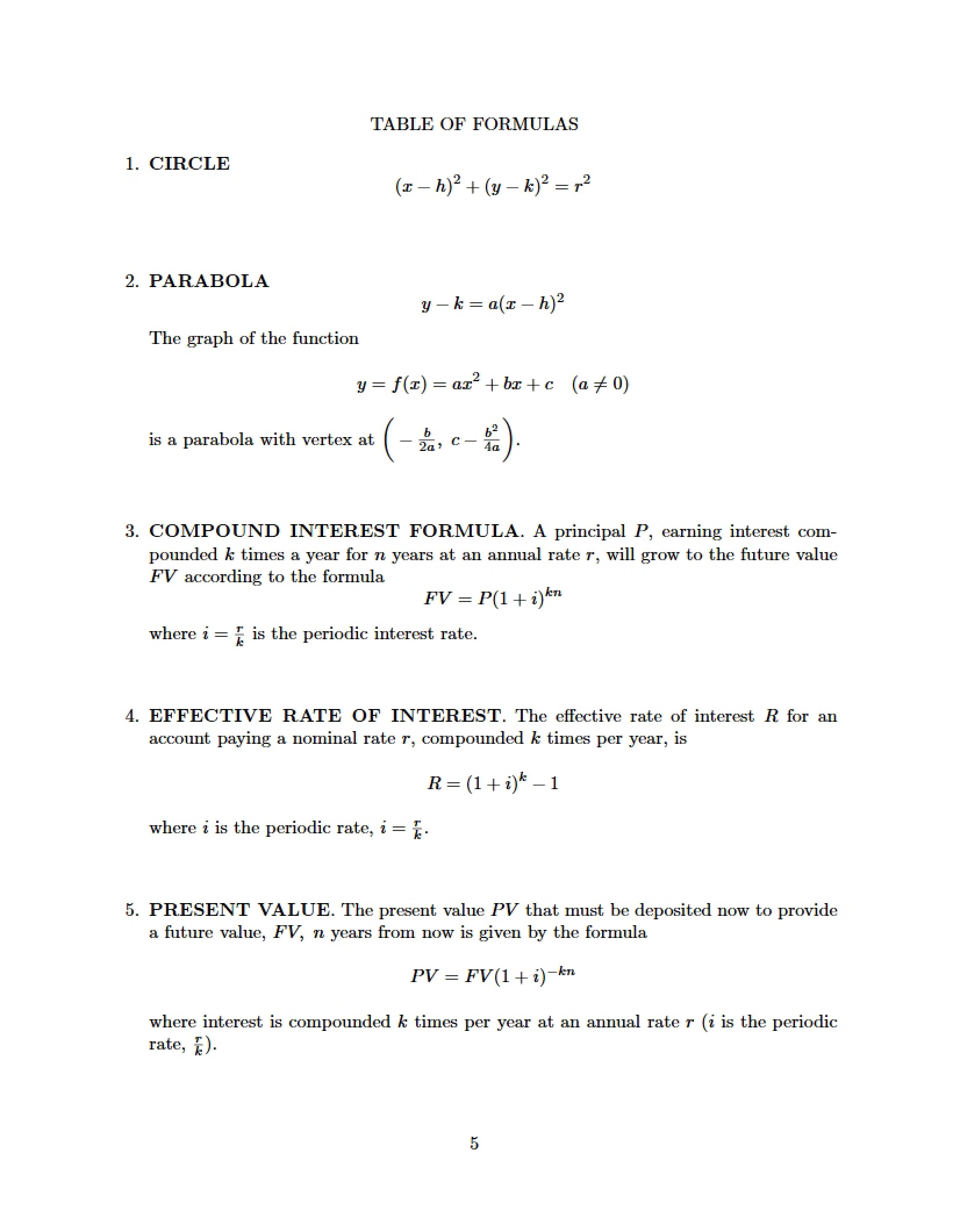 Formula Reference Table