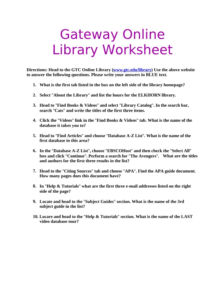 Worksheet - Gateway Online Library