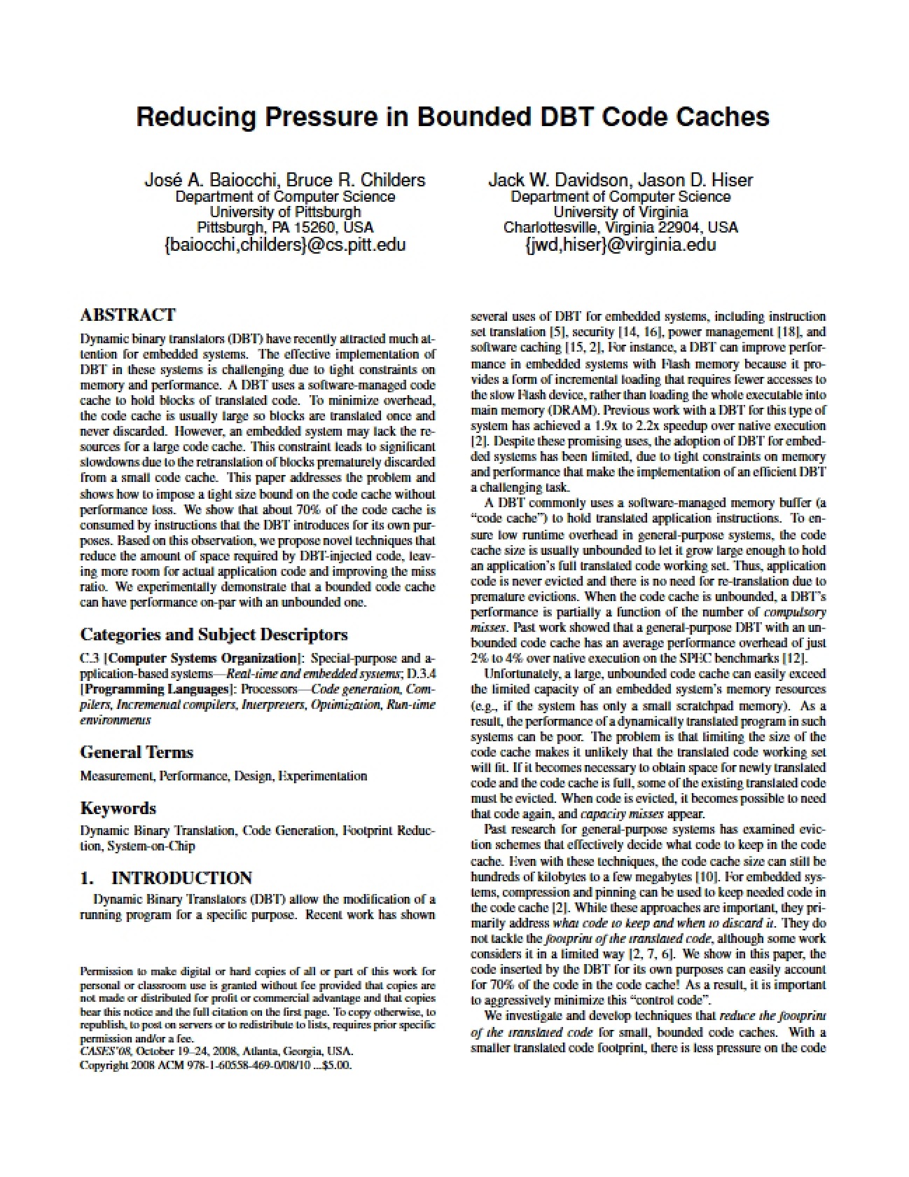 Bounded DBT Code Caches: Pressure Reduction