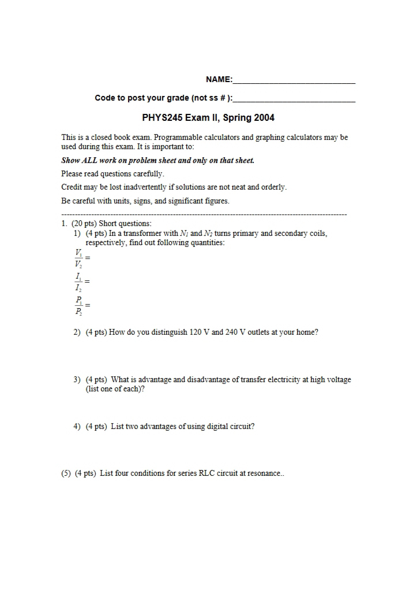 Exam II for Physics 245