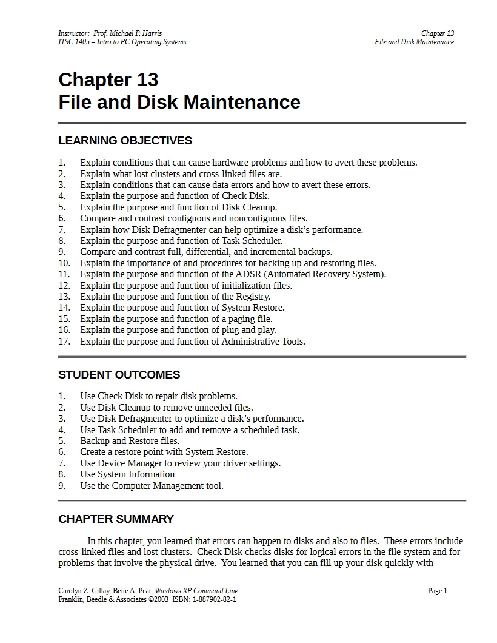 Chapter 13 Disk and File Maintenance