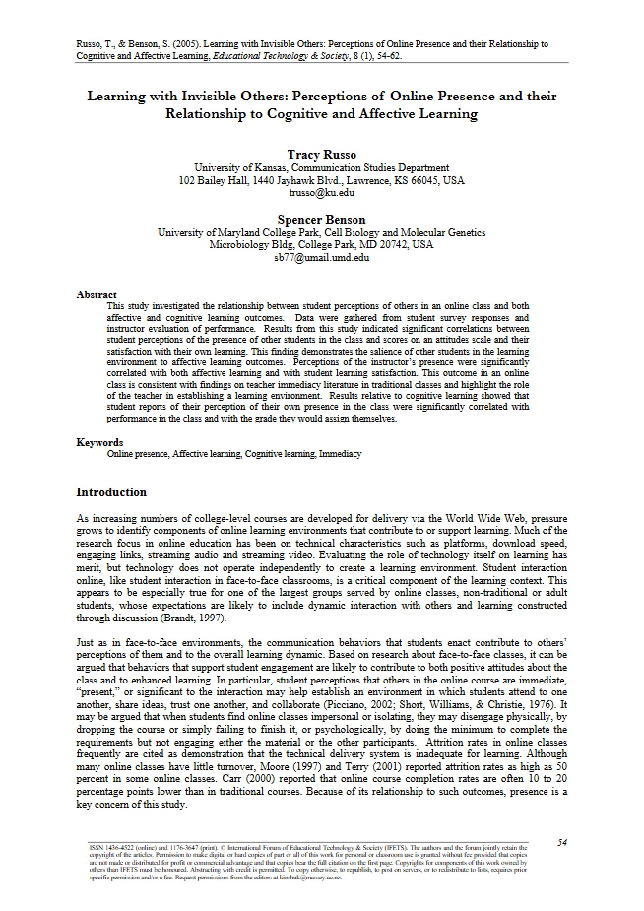 Examination of the Perceptions of Online Presence in Learning with Invisible Others