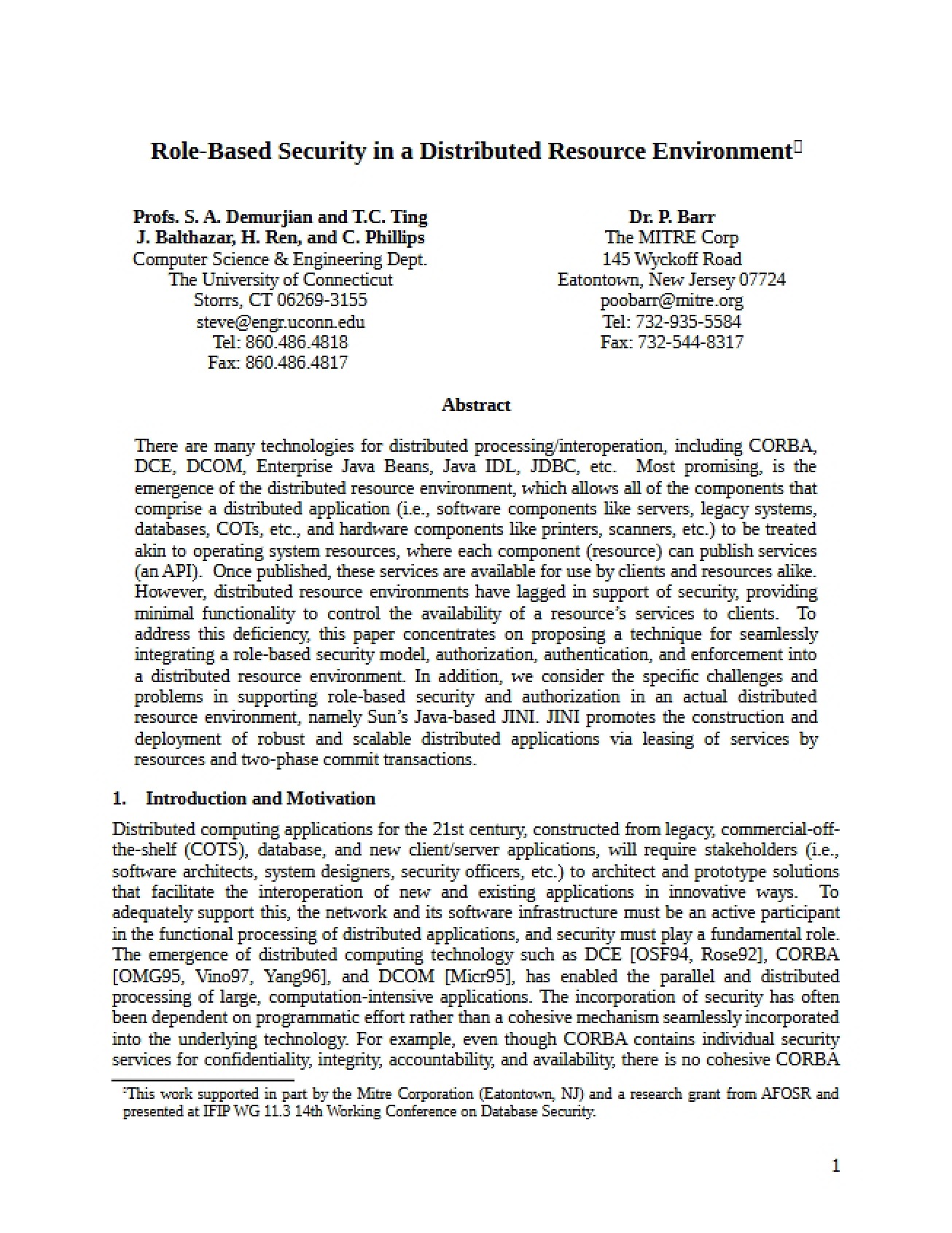 Role-Based Security in a Distributed Resource Environment (First Instance)