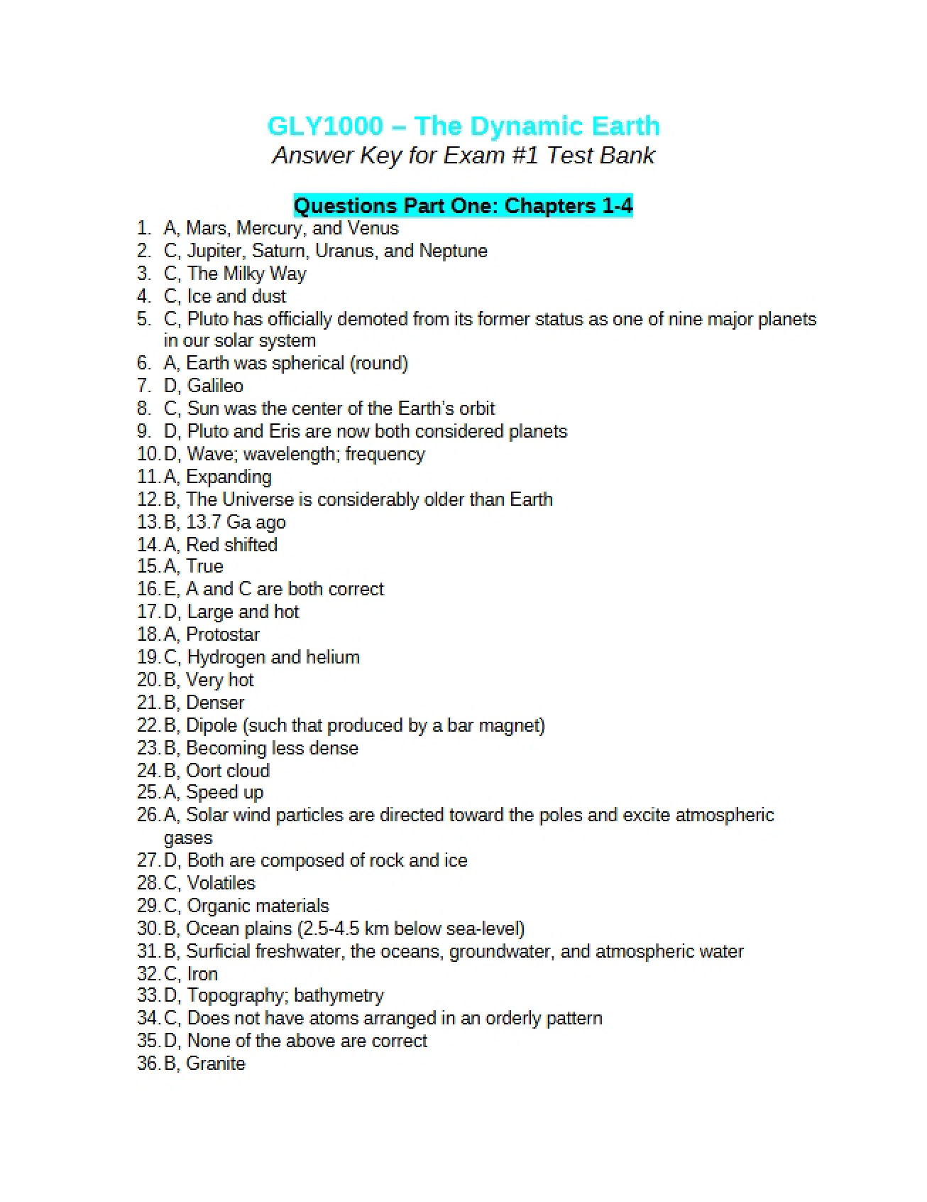 Answer Key for the First Examination