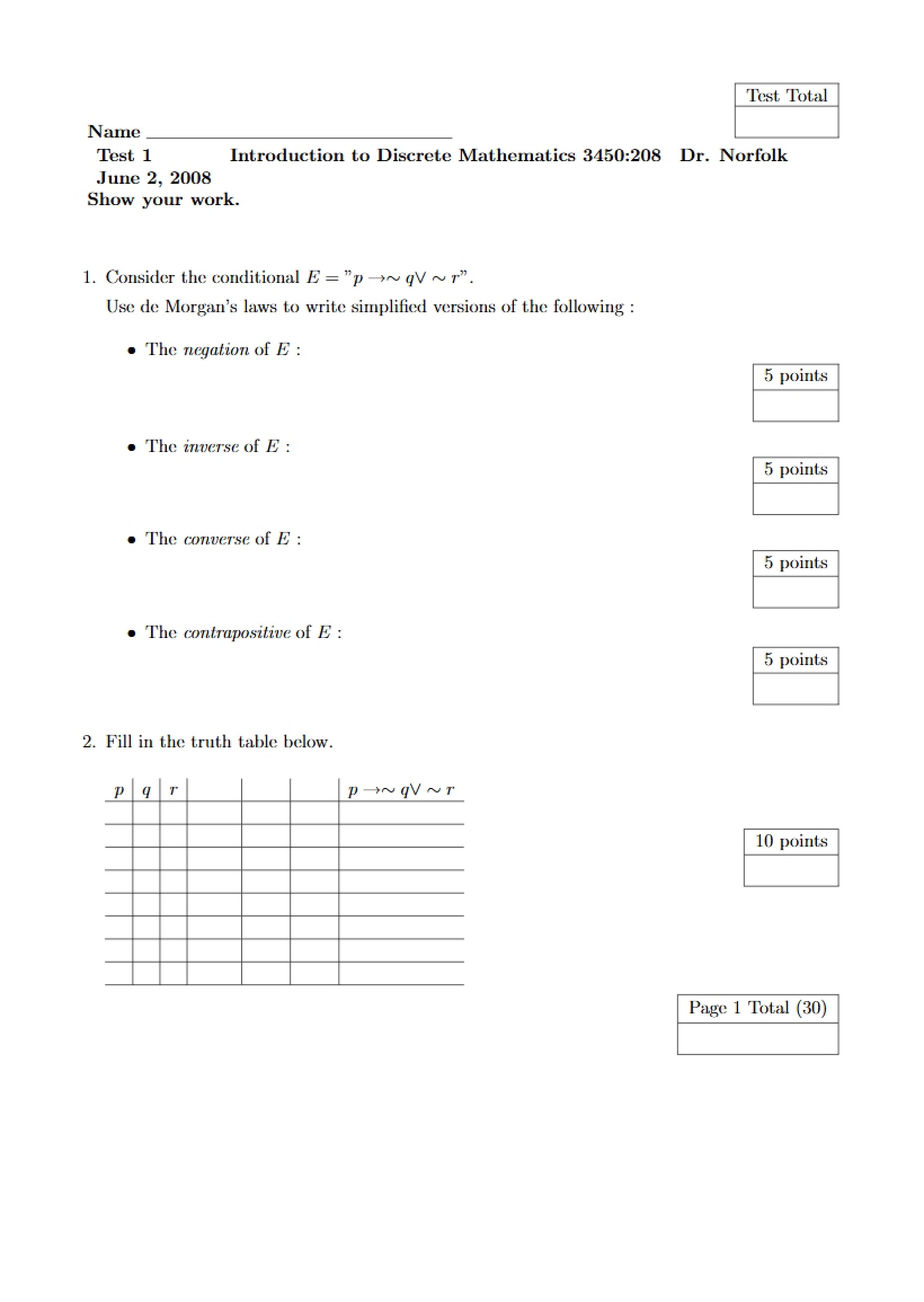 Exam One Discrete Math