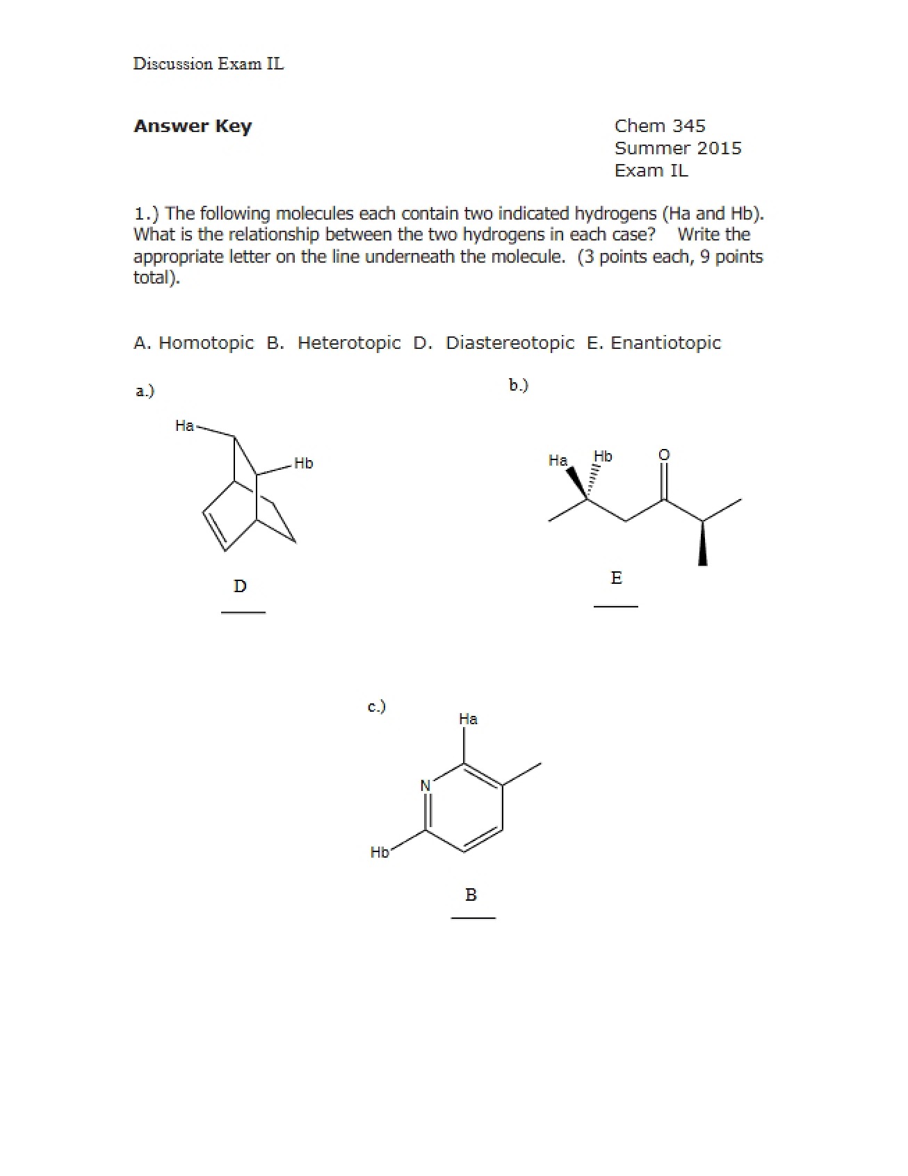 Key for Discussion Exam IL (Chem 345)