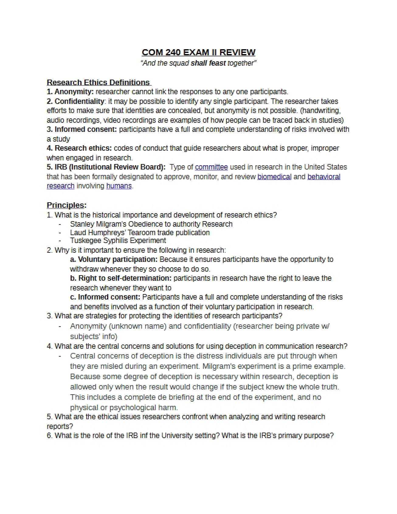 Review for COM 240 Exam II
