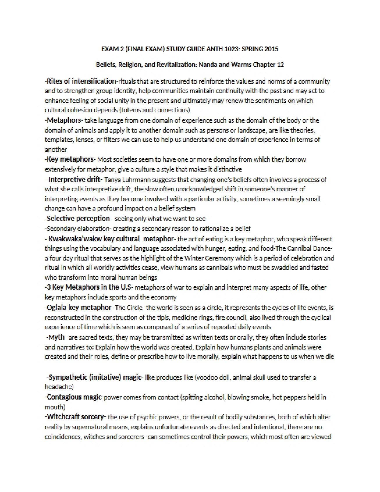 Study Guide for the Final Exam in Cultural Anthropology