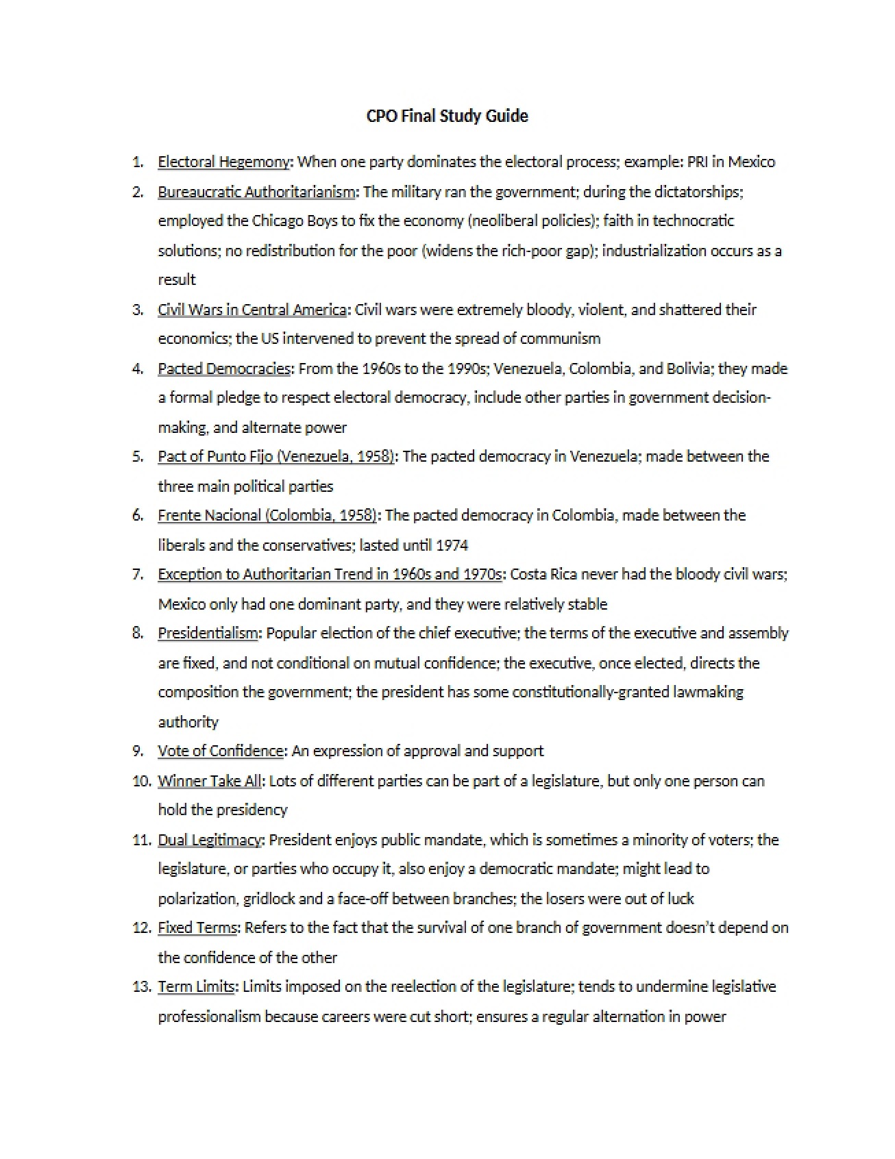 Final Examination Study Guide for Latin American Politics