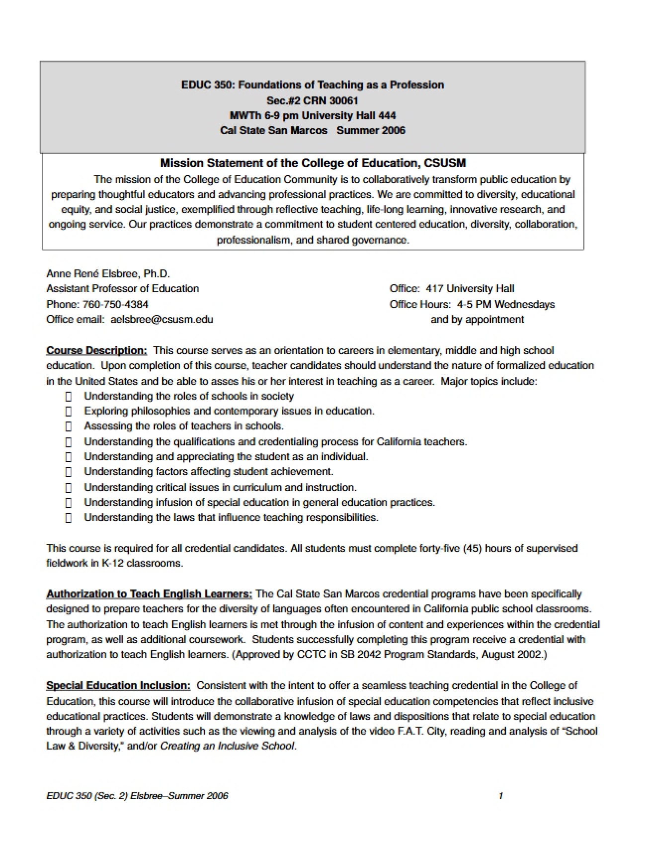 Elsbree's Syllabus for Teaching Foundations