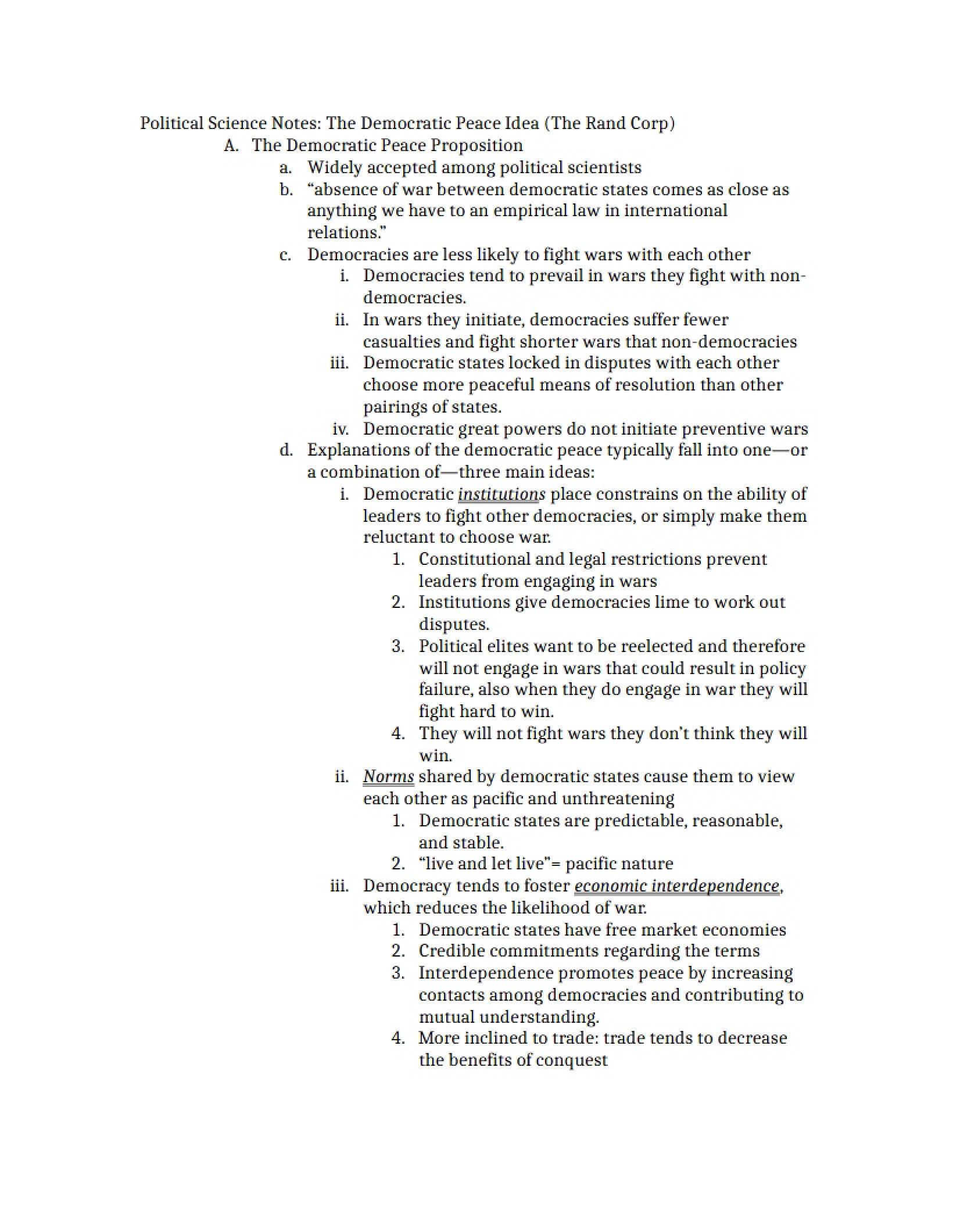 Notes on Democratic Peace Theory