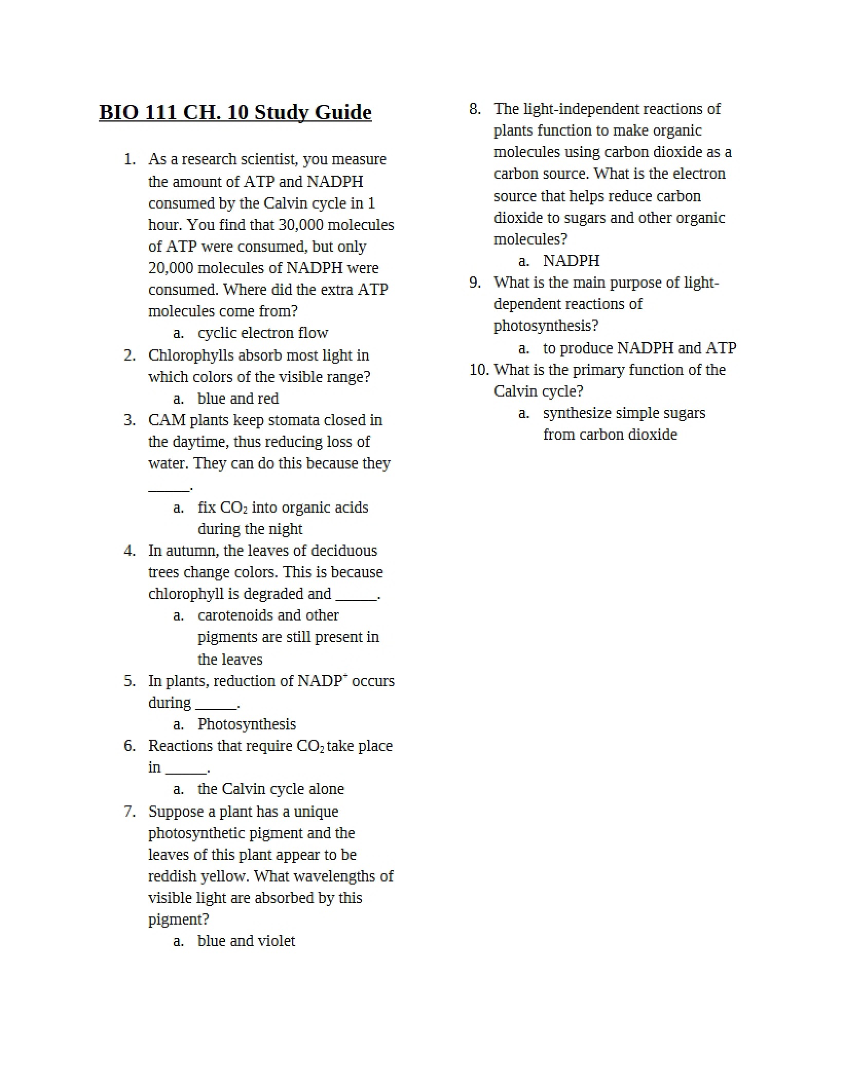Study Guide for Chapter Ten