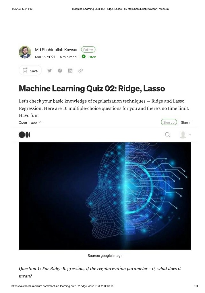 Ridge and Lasso - Machine Learning Quiz 02