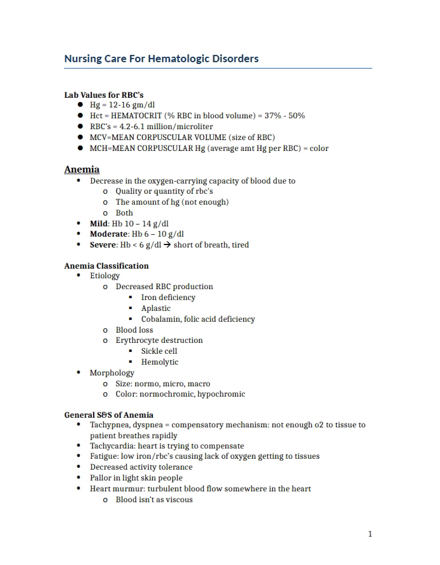 Nursing Care for Hematologic Disorders - NURS 352