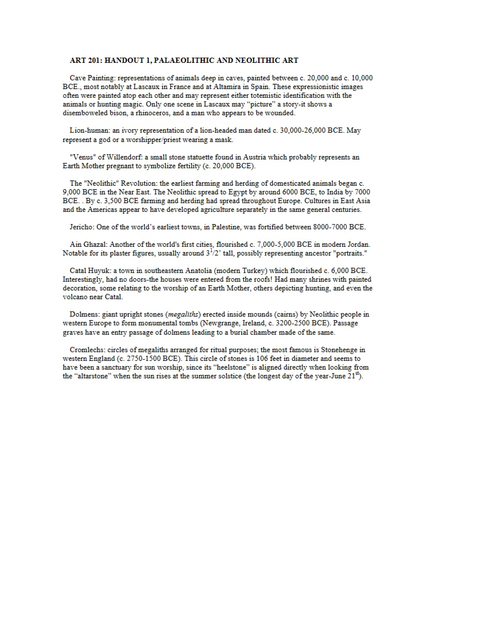 Handout One Neolithic and Palaeolithic Art