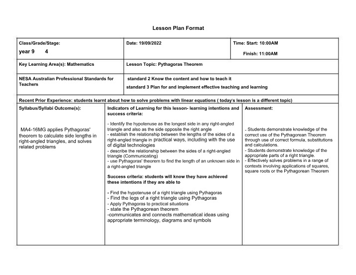 Lesson Plan for Pythagoras Theorem