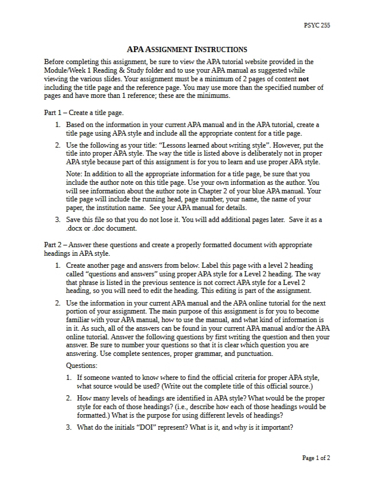 Instructions for the APA Assignment in Introduction to Research