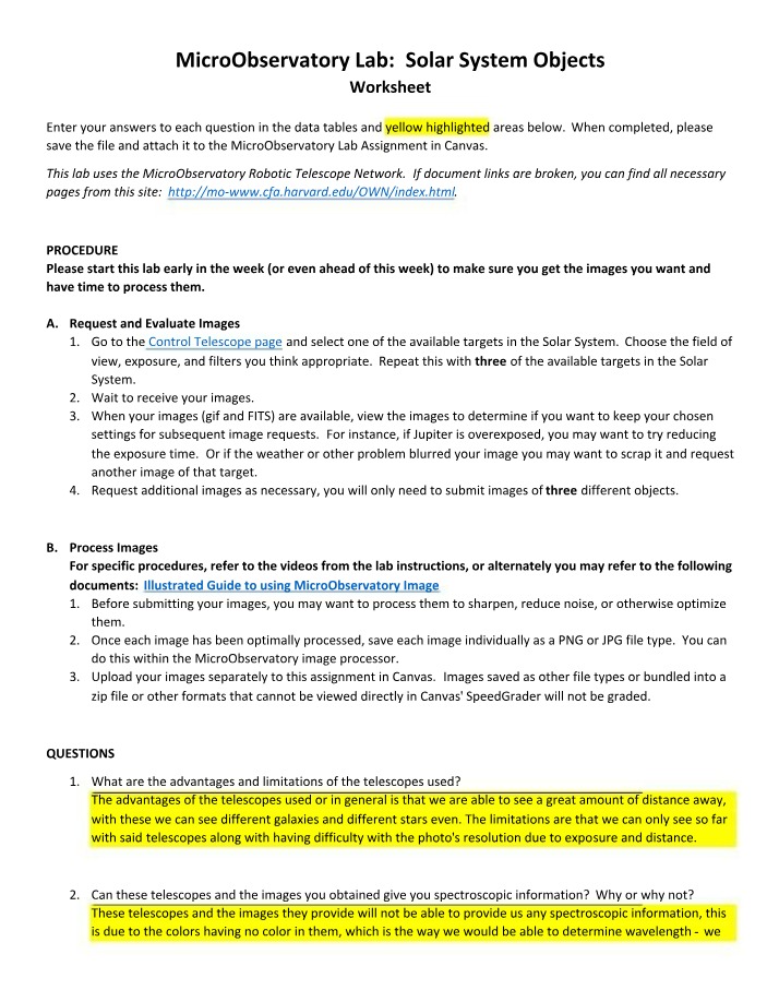 Solar System Objects Worksheet - MicroObservatory Lab