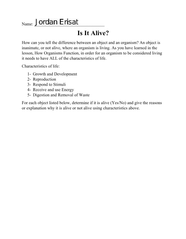 Worksheet - Is It Alive