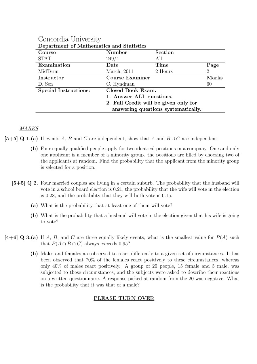 March 2011 Midterm Exam for STAT 249