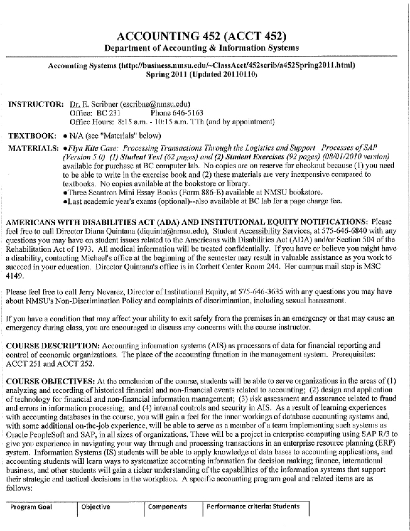 Syllabus for the Accounting Systems Course