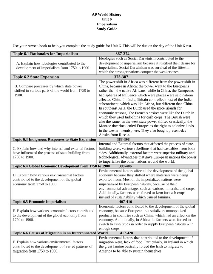 Study Guide for Imperialism