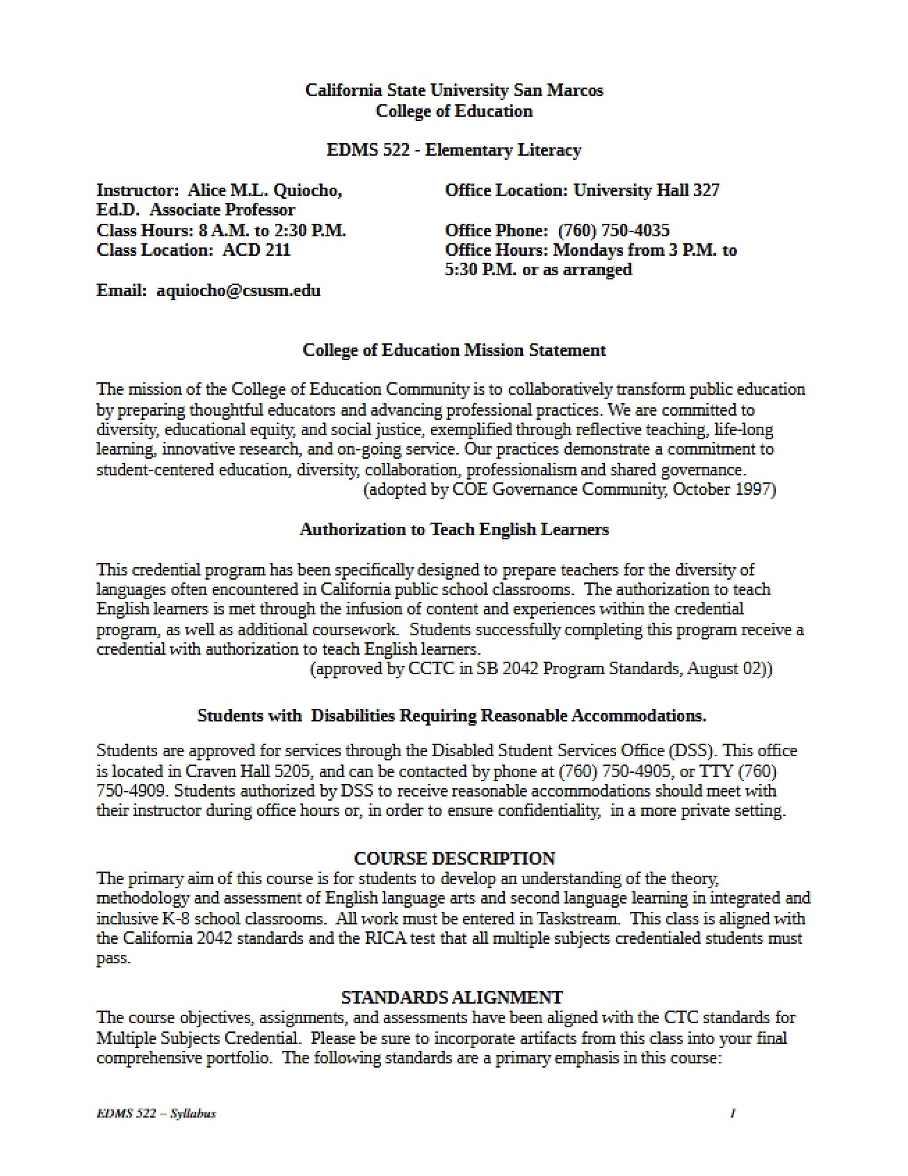 Quiocho Elementary Literacy Two Syllabus
