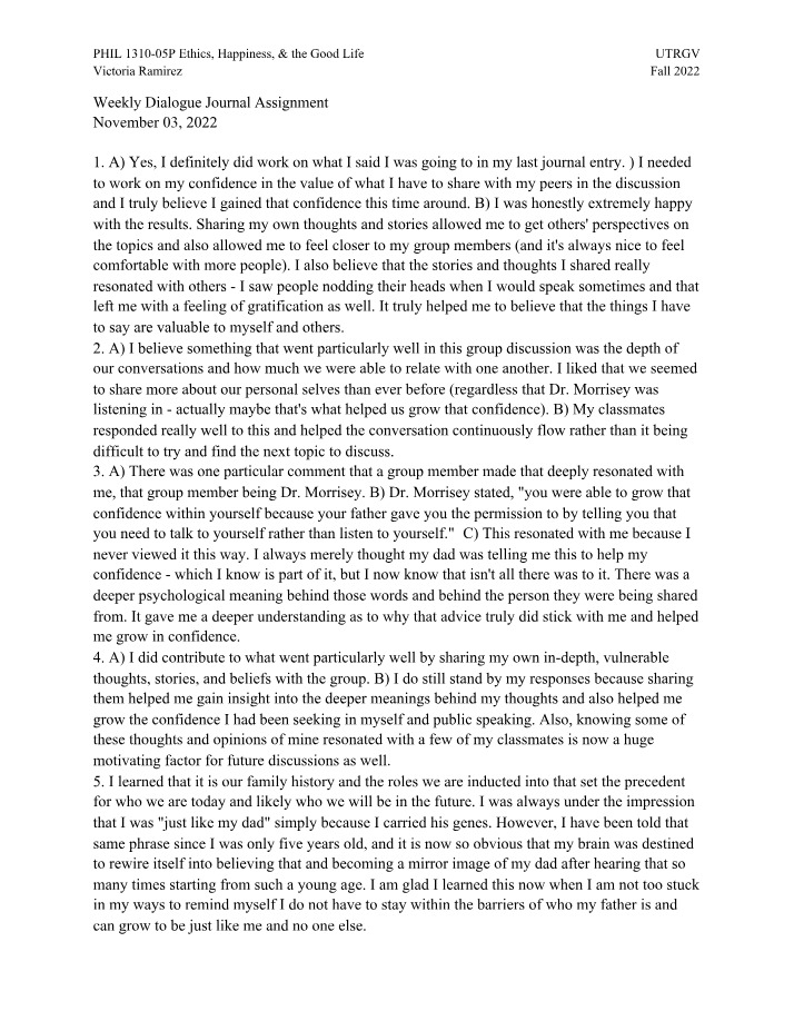 Weekly Dialogue Journal Assignment Part B