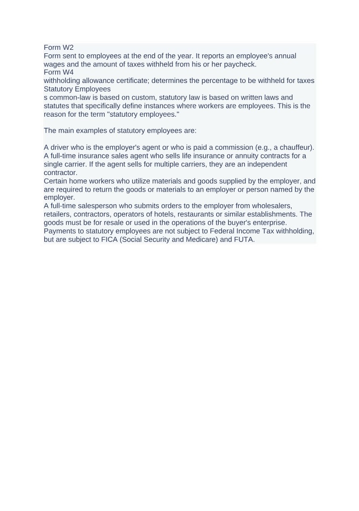 Form W2, Form W4, and Statutory Employees