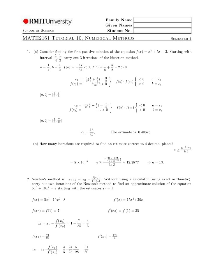 Solutions for MATH2161 Tutorial 10 - Numerical Methods